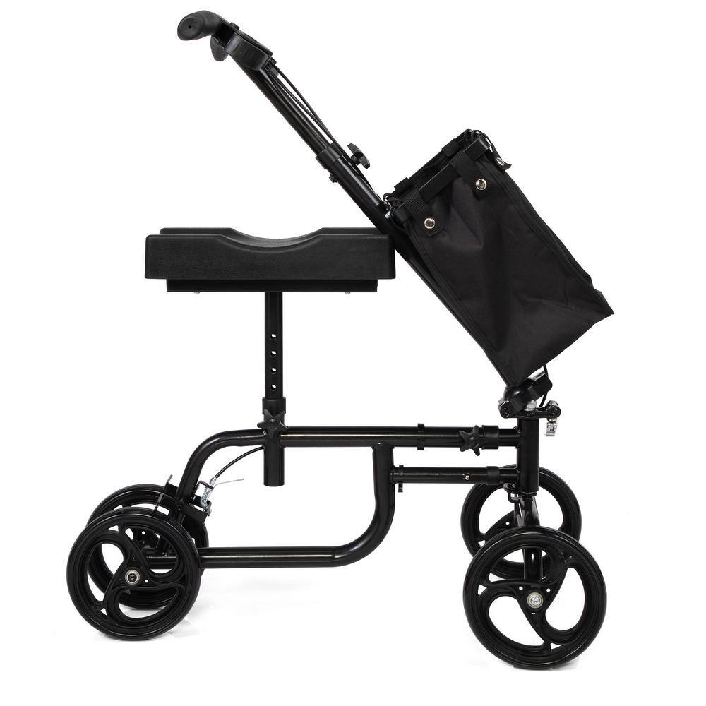 Tidoin Lightweight 4-Wheel Rollator Black Folding Knee Scooter Steerable Leg Walker in Iron with Bag and Dual Braking System BSS-YDW1-6405