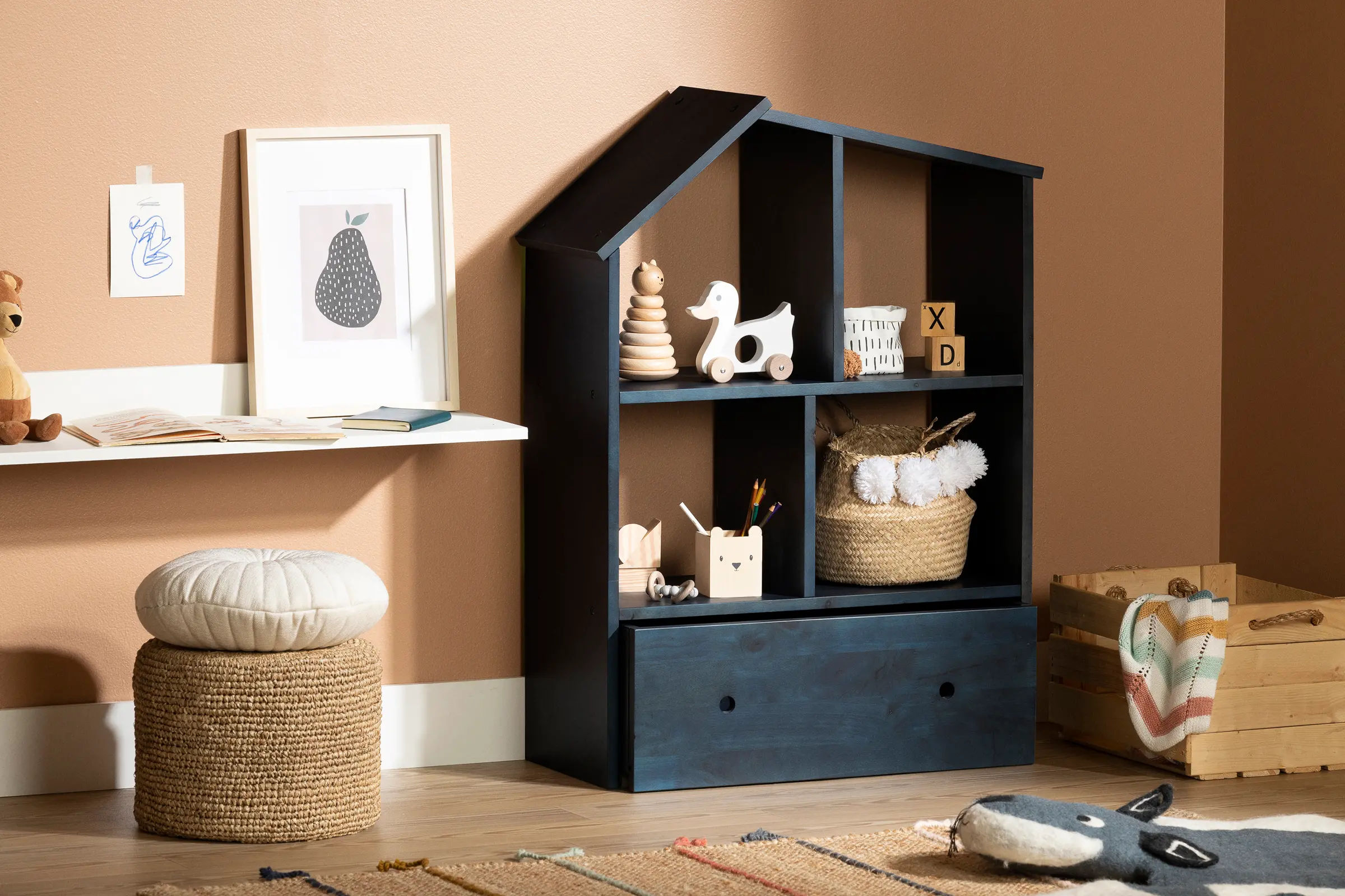 Sweedi Dark Blue Bookcase with Storage Bin - South Shore