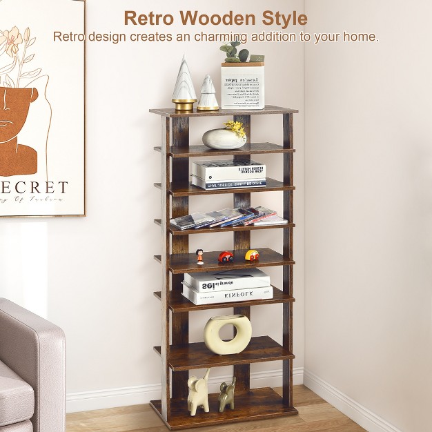 Costway Patented 7 tier Double Shoe Rack Free Standing Shelf Storage Tower Rustic Brown