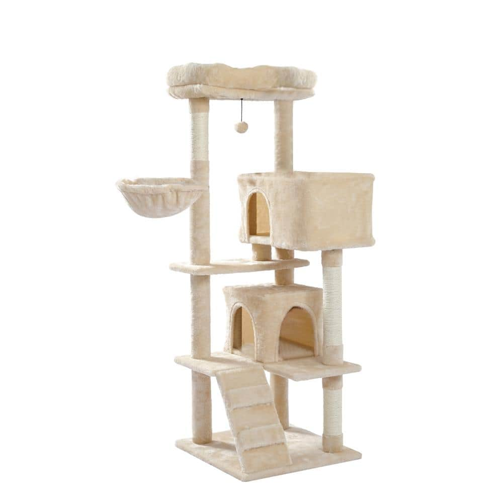 Foobrues 56.30 in. H Pet Cat Scratching Posts and Trees with Super Large Perch Double Condo Hammock in Beige LNN-P23168236