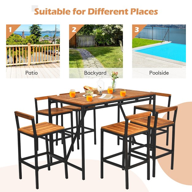 Costway 7pcs Patio Rattan Bar Set Acacia Wood Frame Stools Table Umbrella Hole