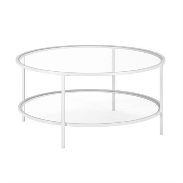 Two Shelf Round Metal Base Coffee Table In White With Glass Top Henn amp hart