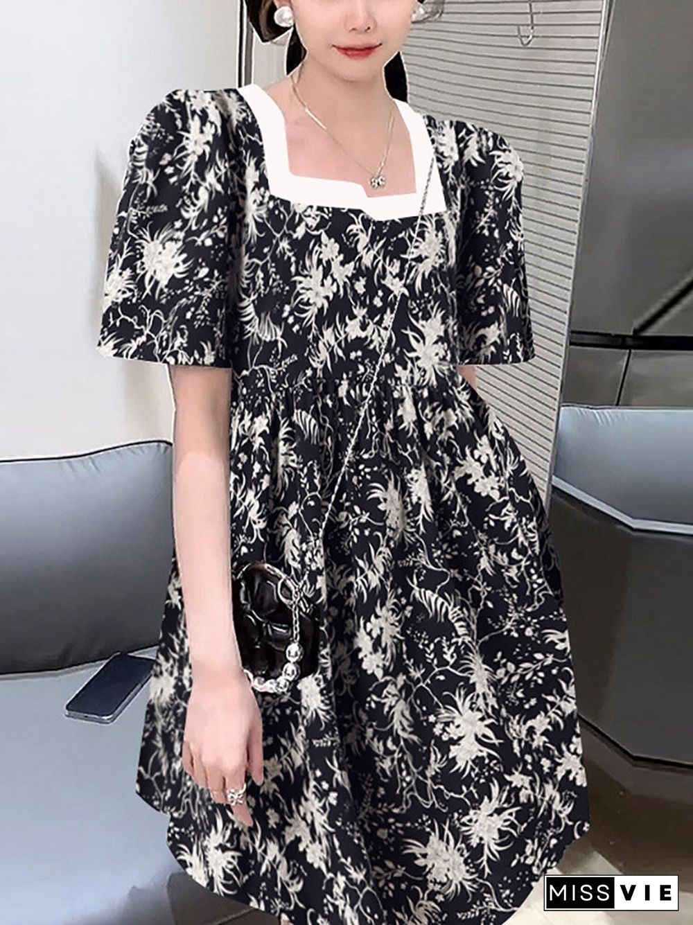 Floral Print Square Collar Short Sleeve Women Dress