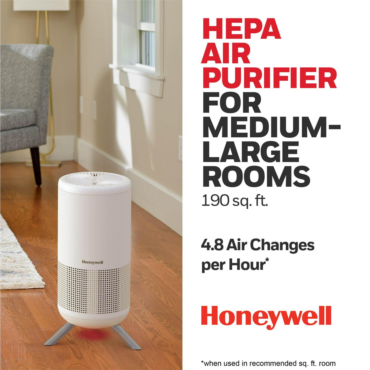 Honeywell Designer Series HEPA Air Purifier Tower， Medium-Large Room (190 sq ft)， White a Intelligent Auto Mode and UltraQuiet Technology  Wildfire， Smoke and Airborne Allergen Air Purifier， HPA830