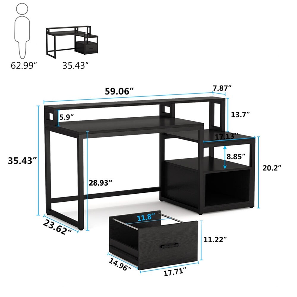 59'' Computer Desk with Drawer  Storage Shelves and Monitor Stand