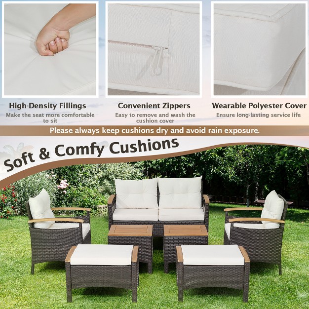 Costway 7pcs Patio Rattan Furniture Set Cushion Armrest Loveseat Ottoman Table