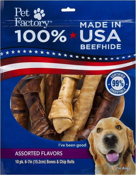 Pet Factory Beefhide 6 to 7-inch Beef and Chicken Flavored Dog Hard Chew Variety Pack， 10 count