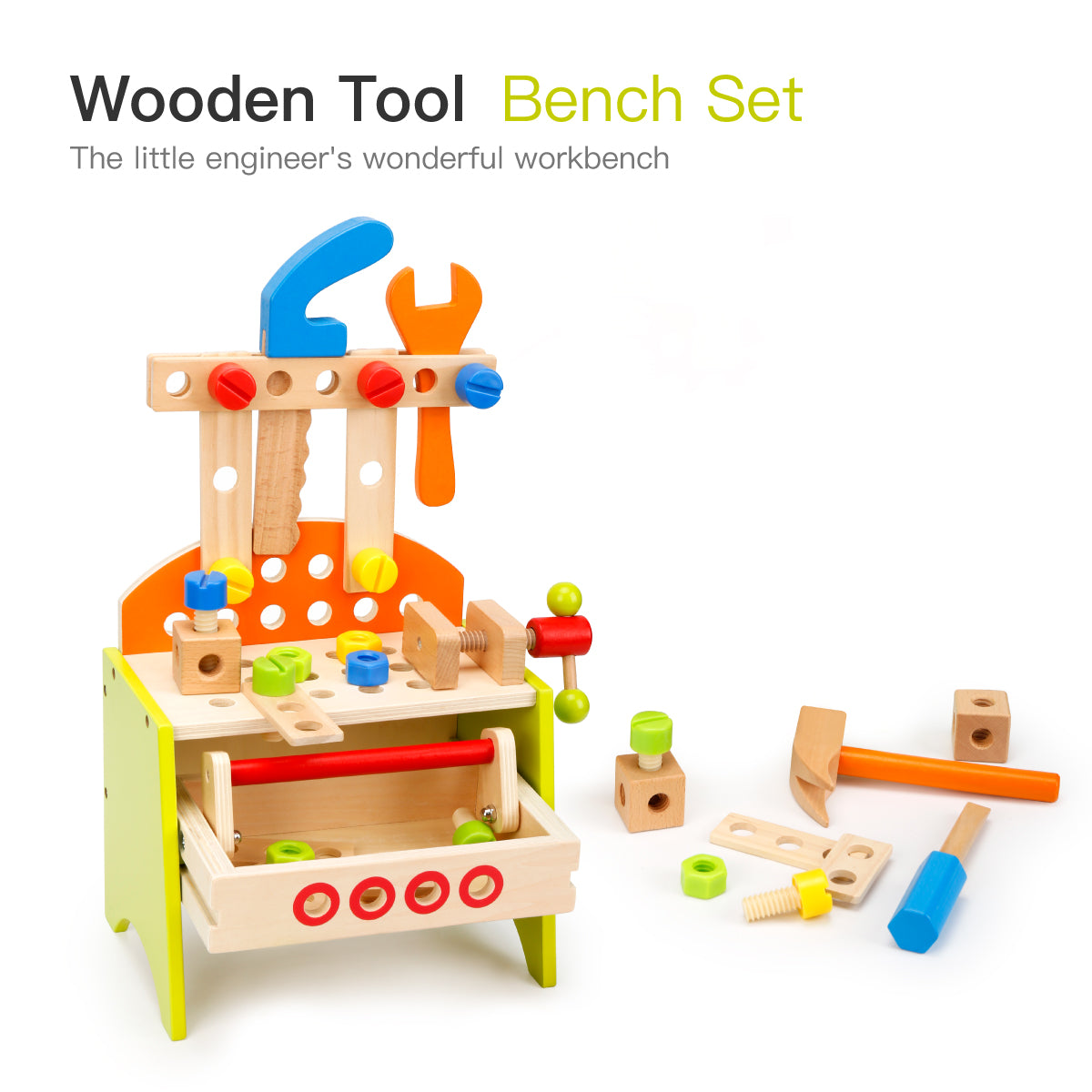 Tool Bench Workbench Toy for Boys Girls， Toddler Bench Workshop Set， Wooden Toys Building Tools with Toolbox Activity Table for Kids Toddlers