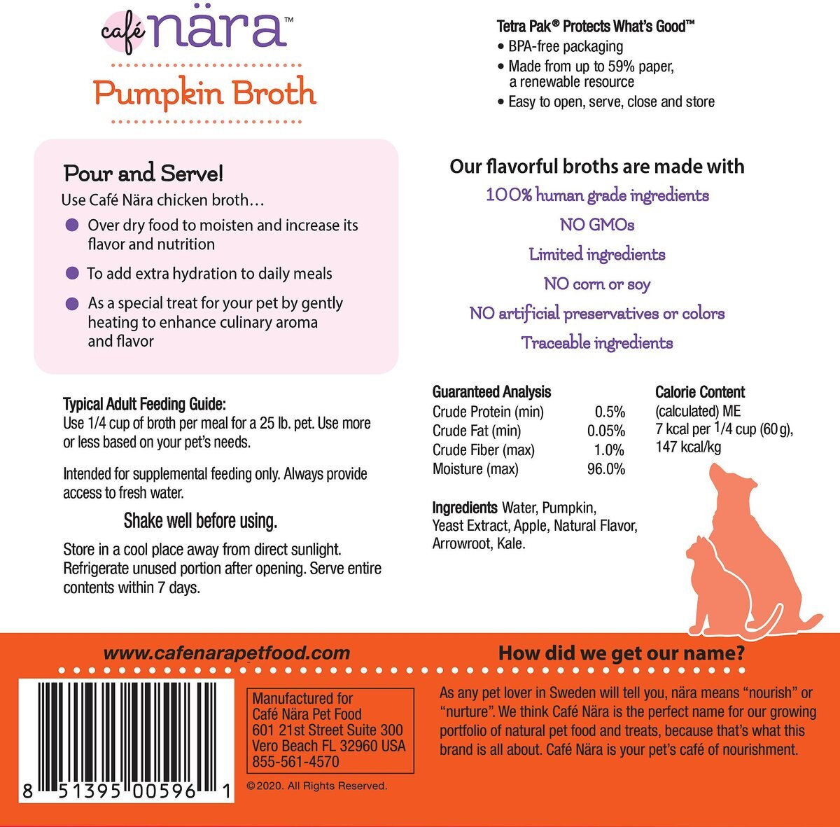 Cafe Nara Pumpkin Broth Grain-Free Dog and Cat Wet Food Topper， 1.1-lb bottle