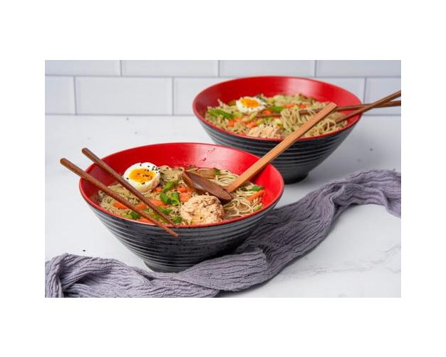 Kook Ramen Bowls With Wooden Spoons And Chopsticks 60 Oz Set Of 2 Black red