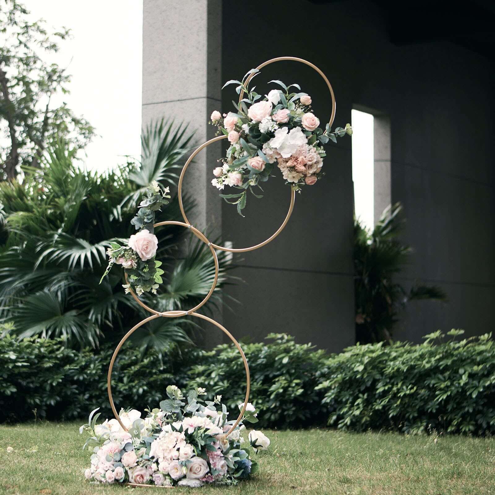 4-Tiered Gold Hoop Pillar Flower Stand, Metal Wedding Arch Table Centerpiece - Hoop Wreath 5ft