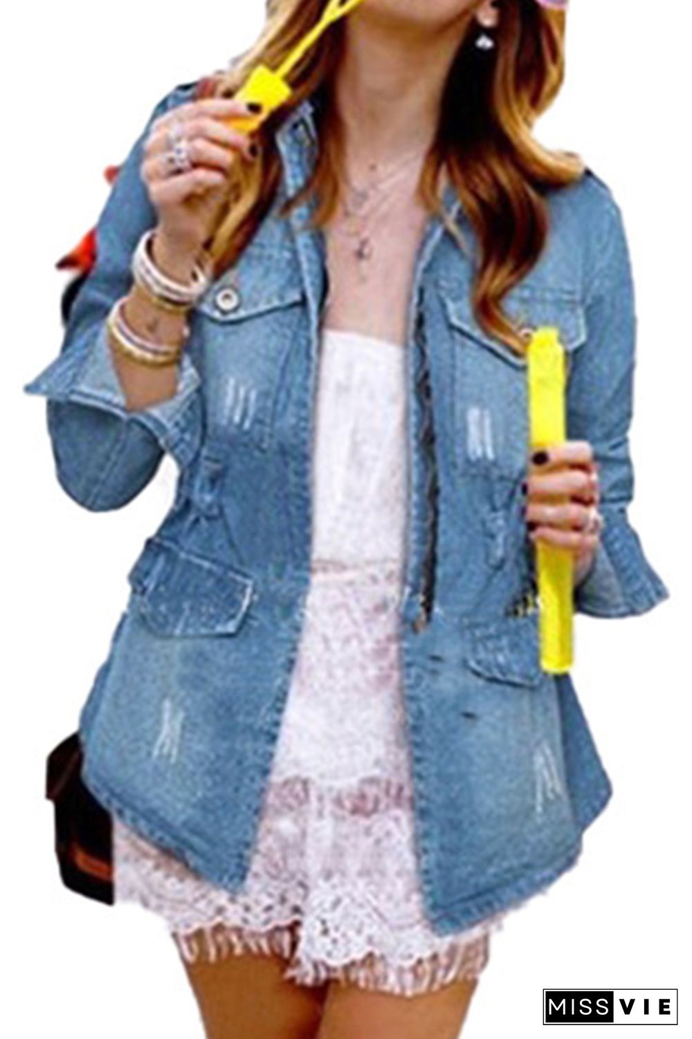 Zipper Front Pockets Bleached Denim Jacket Women Wholesale