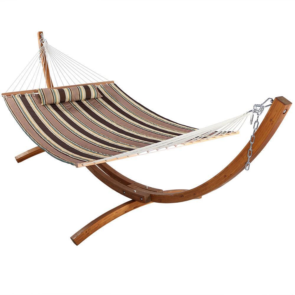 Ultimate Patio Quilted Double Hammock w/ 12-Foot Wood Stand and Pillow