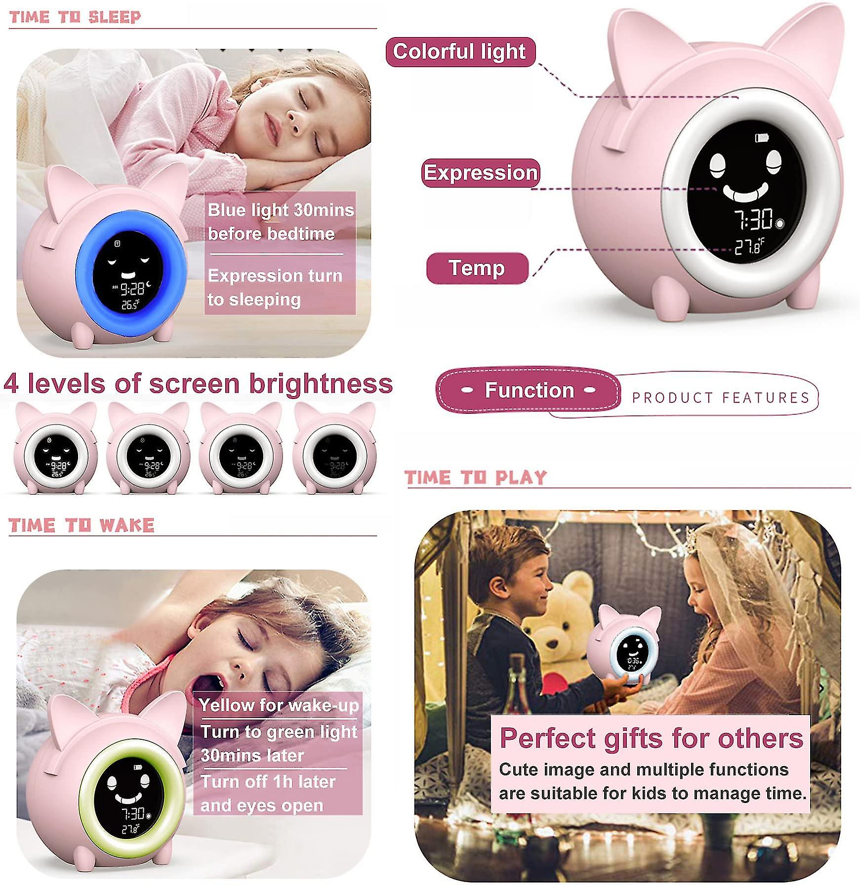 Cartoon Cat Alarm Clock For Kids With Snooze Function Indoor Temperature Detect Smart Light Adjustment