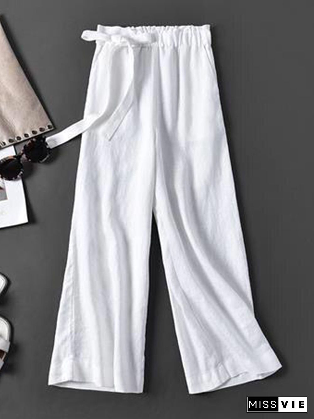 Simple Ramie Cotton Solid Color Loose Ninth Wide-Leg Pants