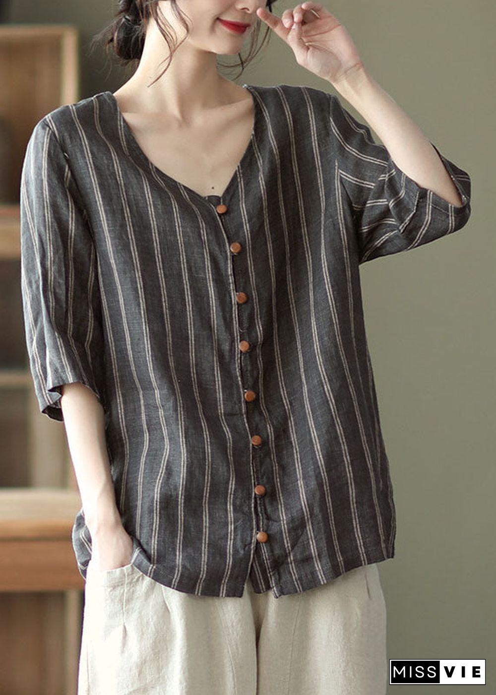 Plus Size Grey V Neck Striped Button Linen Shirts Half Sleeve