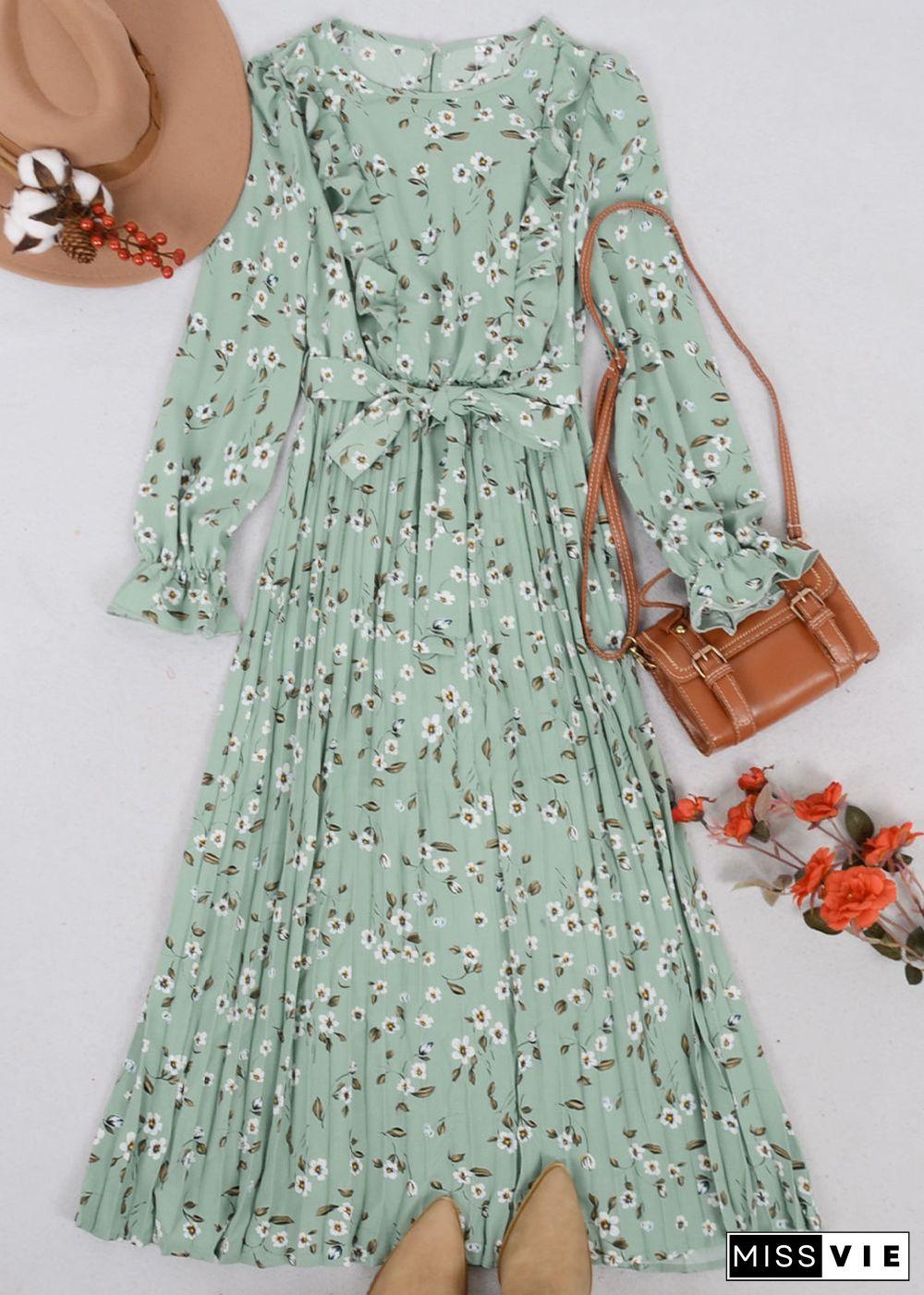 Floral Ruffle Front Pleated Dress