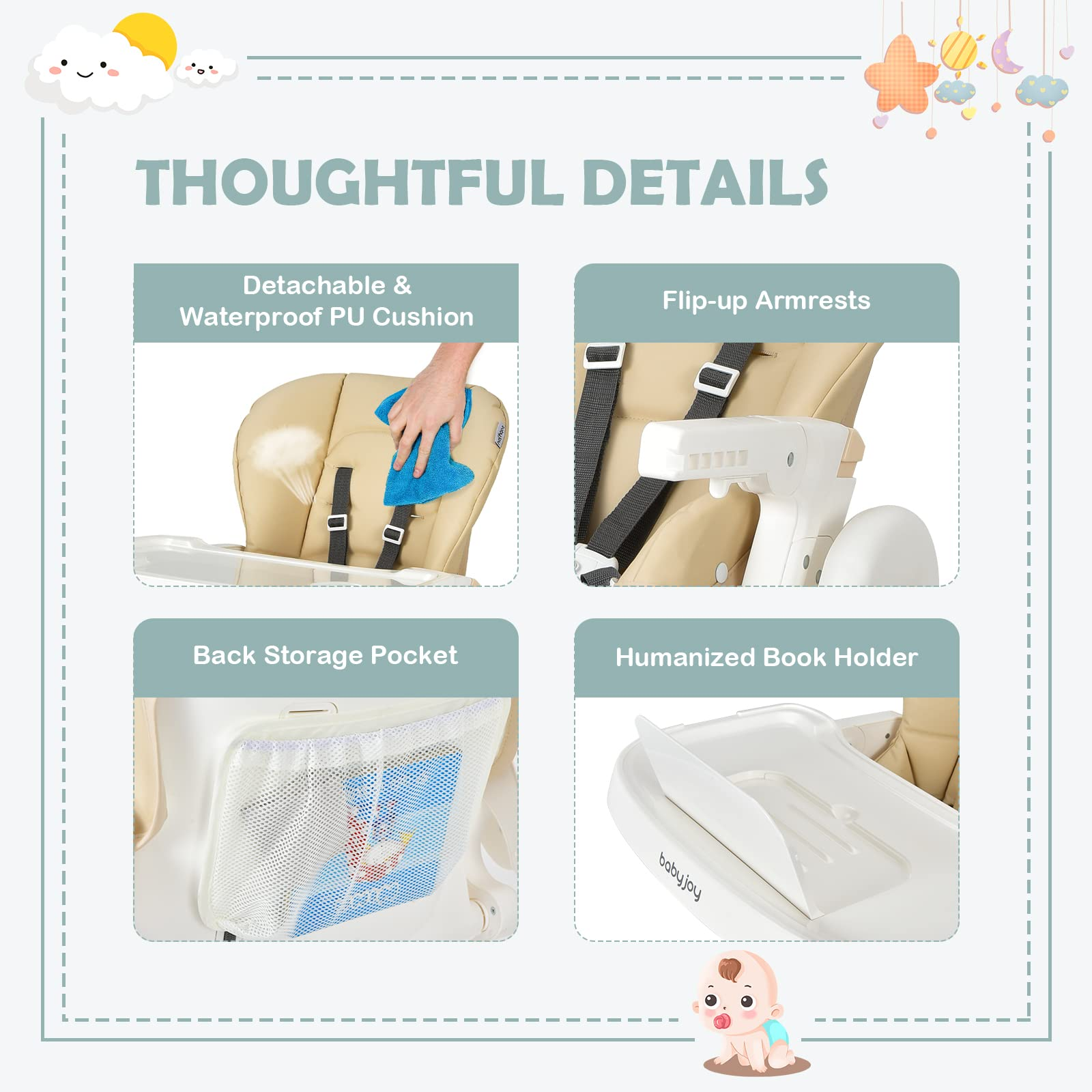 High Chair for Babies & Toddlers, Foldable High Chair w/ Adjustable Height/Backrest/Footrest