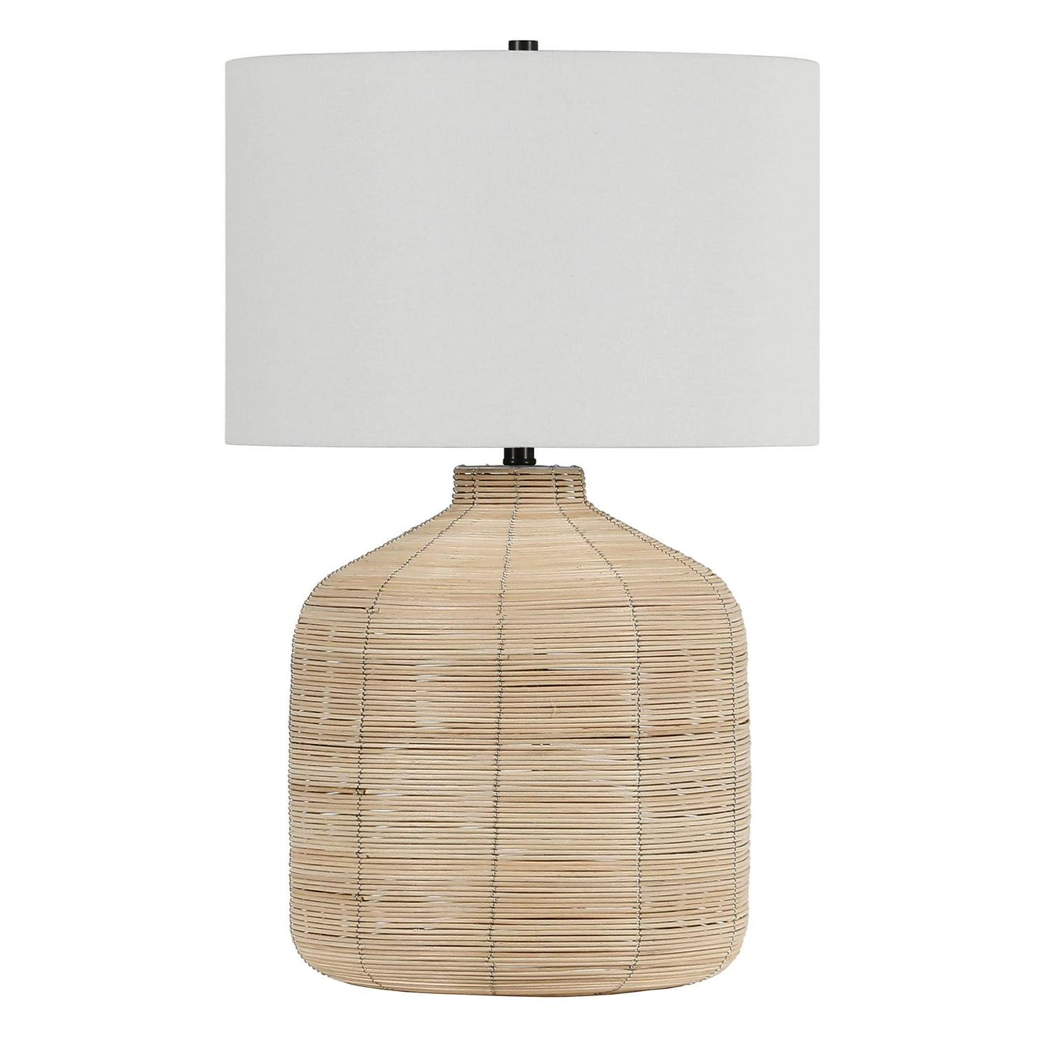 Modern Oversized Rattan Table Lamp with Blackened Steel Accents