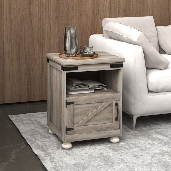 HOMCOM Small Side Table with Storage，Farmhouse End Table with Open Shelf and Cupboard，Modern Sofa Table with Wood Legs