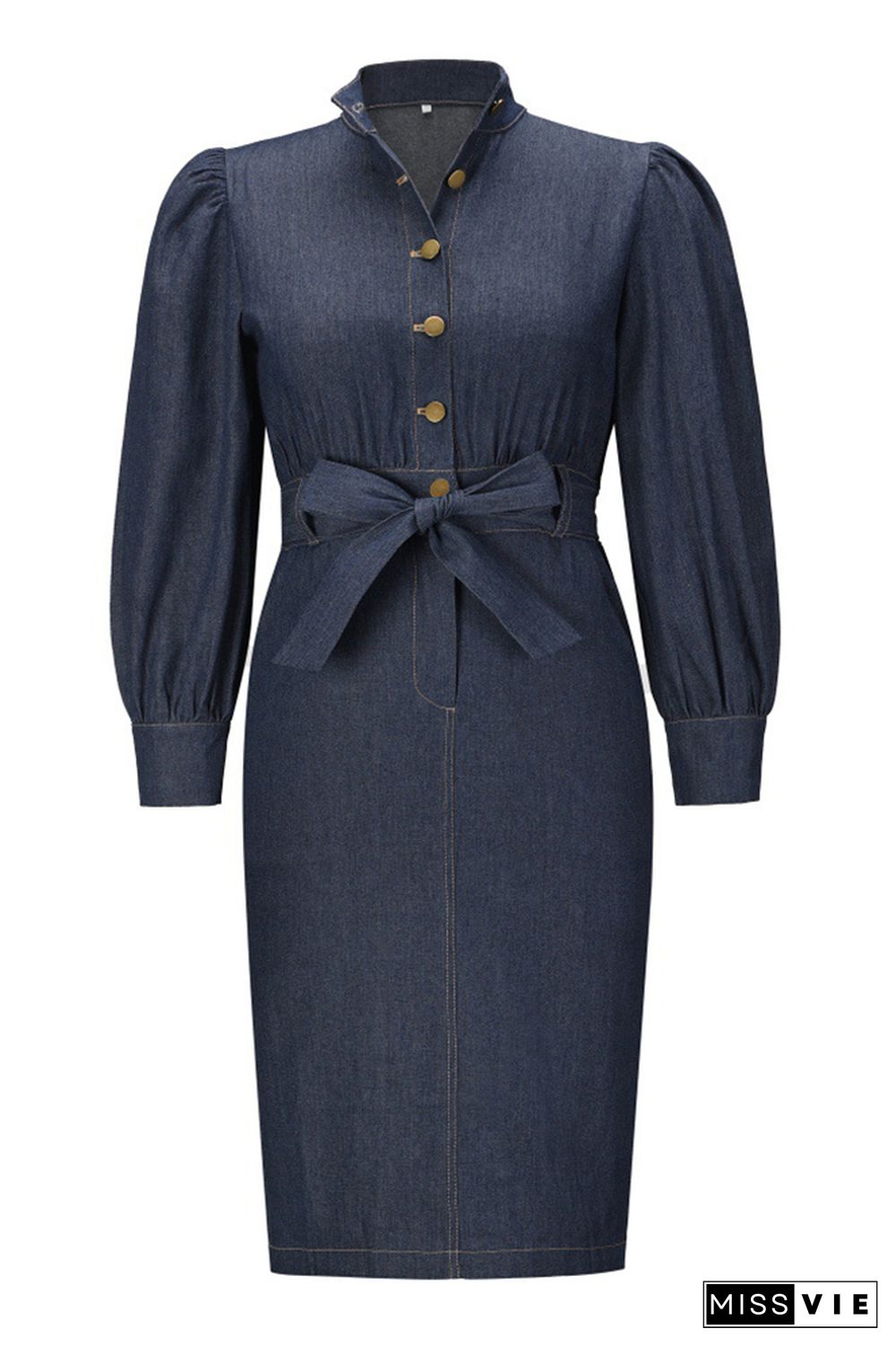 Vintage Waist Tie Button Denim Dress