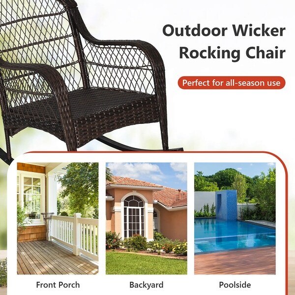 Costway Patio Wicker Rocking Chair W/Seat Back Cushions and Lumbar