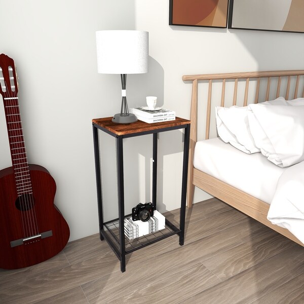 2-Tier End Table， Industrial Side Table Nightstand with Metal Frame - - 35974979