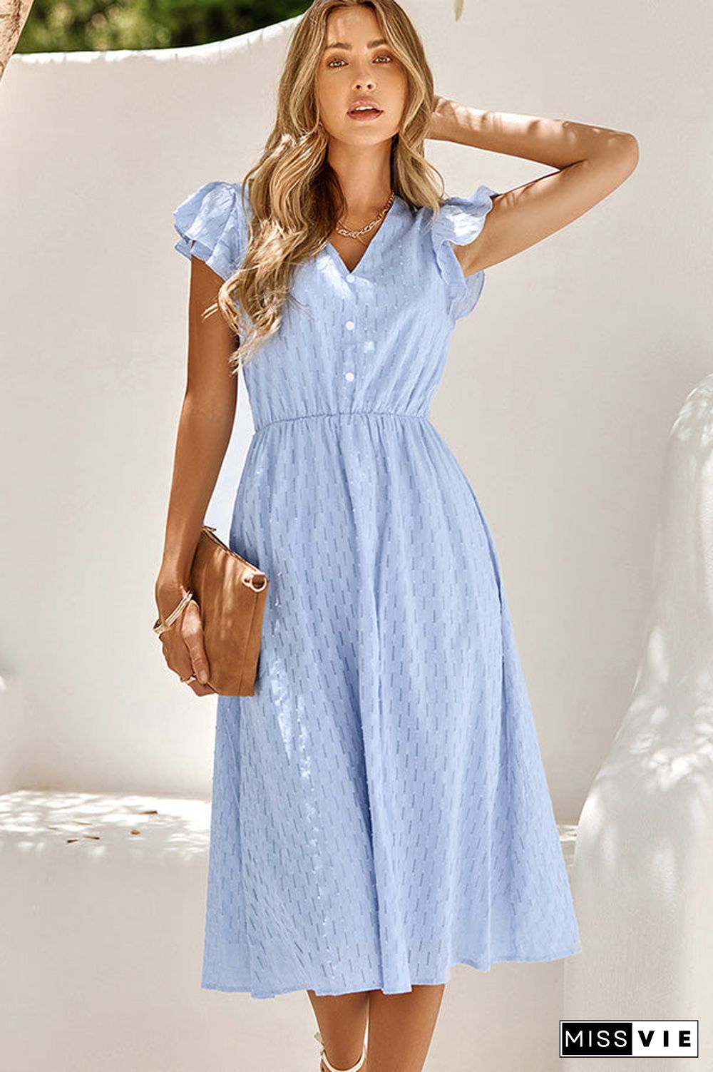 Ruffled Short Sleeve V Neck Casual Dress