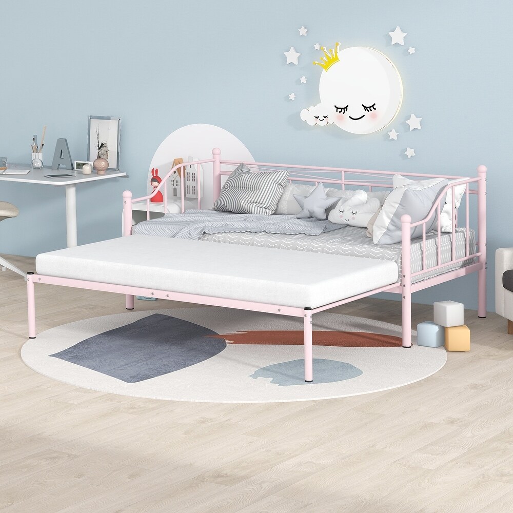 Daybed w/Pull Out Trundle  Twin Size Day Bed w/Trundle Daybed Frame Steel Slat Support Space Saving Sofa Daybeds for Kids  Pink