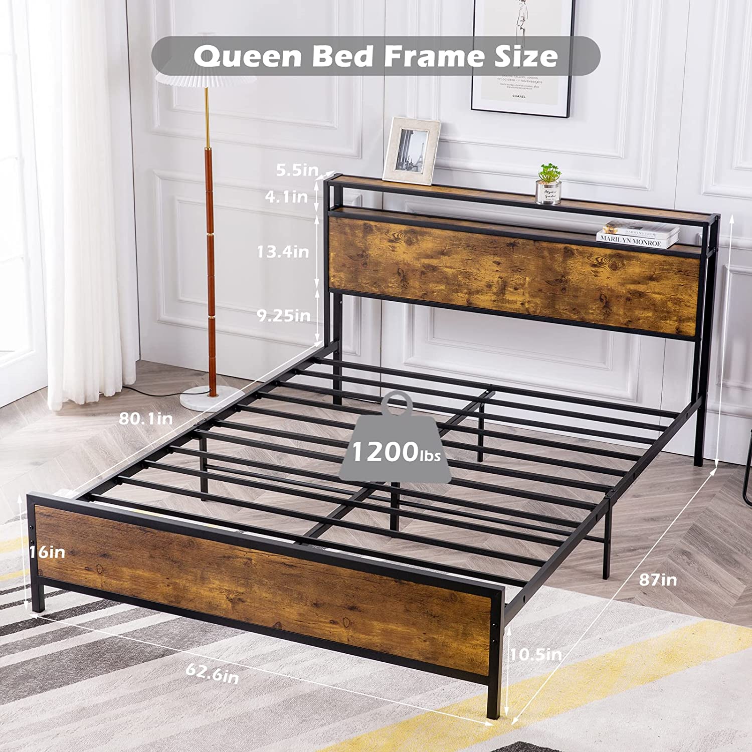 Reliancer Queen Bed Frame, Platform Bed with 2-Tier Storage Headboard, Solid and Stable, Noise Free, No Box Spring Needed, Easy Assembly