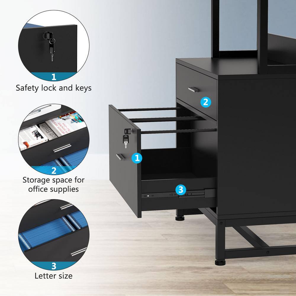 BYBLIGHT Atencio Black 2-Drawer Vertical File Cabinet with Lock and Open Bookshelf BB-C0575XL