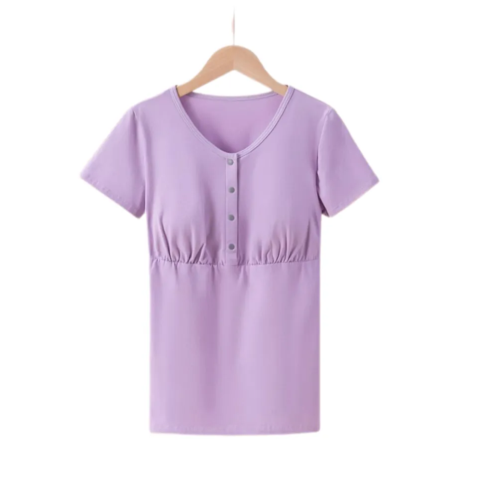 Postpartum Nursing Cotton T-Shirt – Loose Fit, Front-Button Maternity Top for Summer