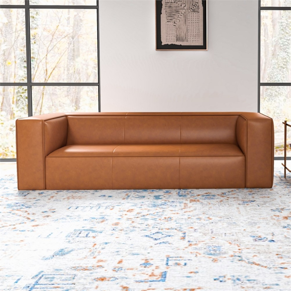 Pemberly Row 15  x27 x27Mid Century Genuine Leather Tight Back Sofa in Tan   Contemporary   Sofas   by Homesquare  Houzz