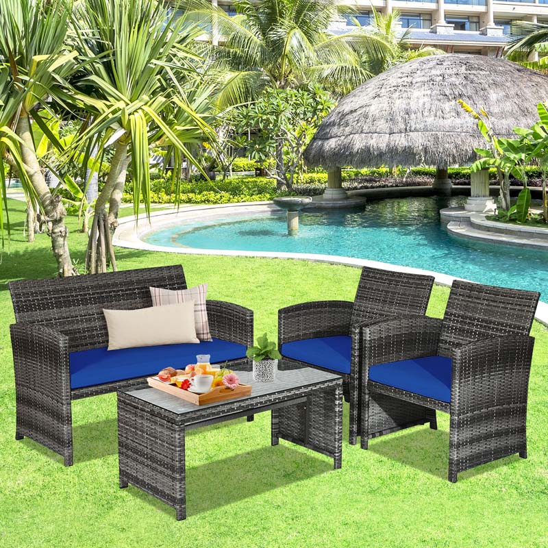 4 Pcs Rattan Wicker Patio Furniture Sets, Outdoor Conversation Sets with Loveseat, Table, Single Sofas