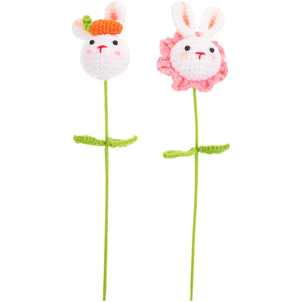 2pcs Knitted Artificial Bunny Doll Fake Crochet Hand Woven Flower With Stem