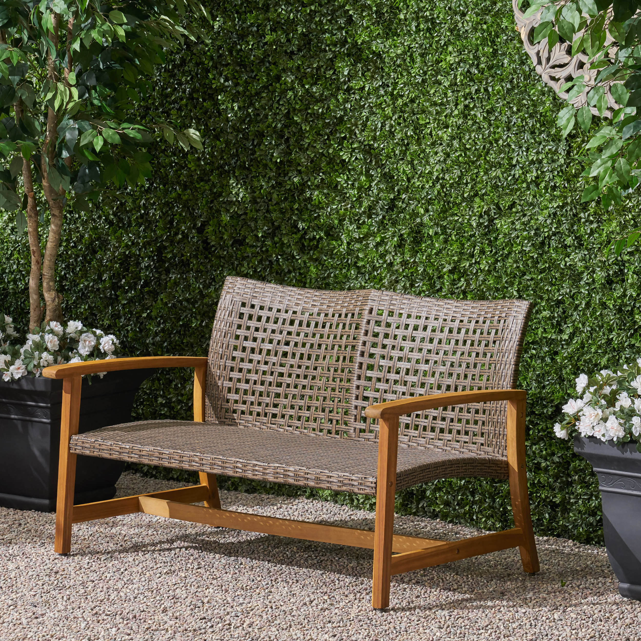 Marcia Outdoor Wood and Wicker Loveseat