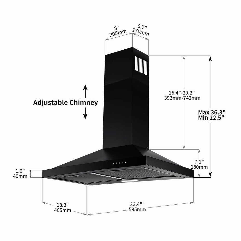 24 inch Wall Mounted Range Hood Kitchen Exhaust Stove Vent Hood 450 CFM 3 Speed Fan w/LED