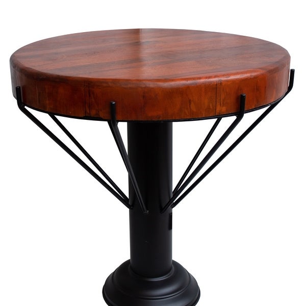 26 Inch Handcrafted Round Side End Table， Thick Mango Wood Top， Black Iron Pedestal Base