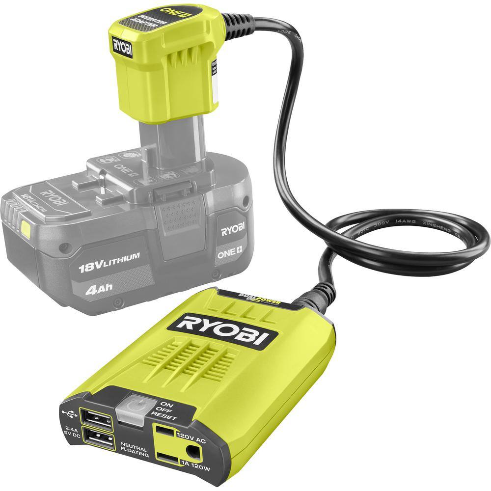 RYOBI ONE Plus 18-Volt 120-Watt 12-Volt Automotive Power Inverter with Dual USB Ports - 4.0 Ah Battery and Charger RYi120A-BK