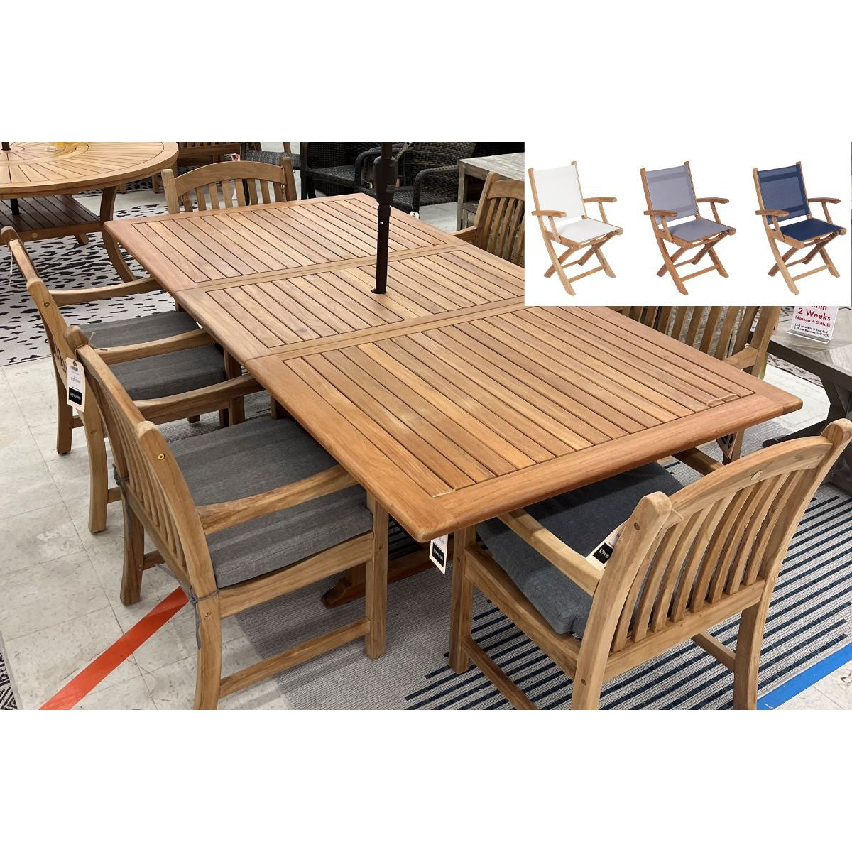 Bali Teak 7pc Outdoor Dining Set (Teak Rectangular Extendable Table 70-94 with 6 Teak Folding Yacht Amrchairs)