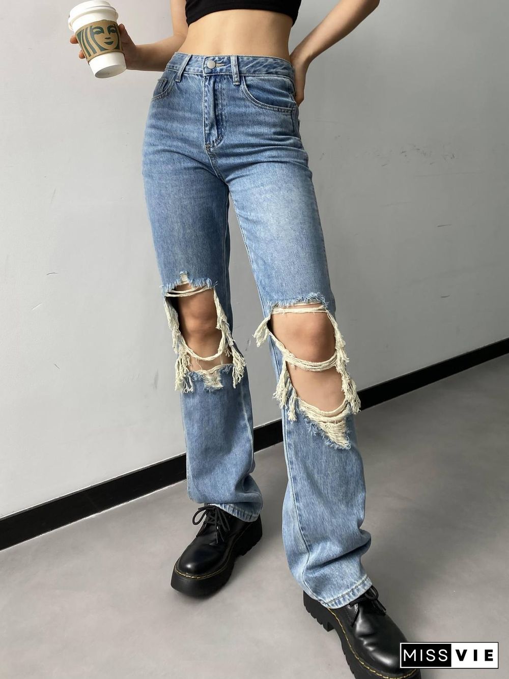 Distressed High Waist Ripped Jeans