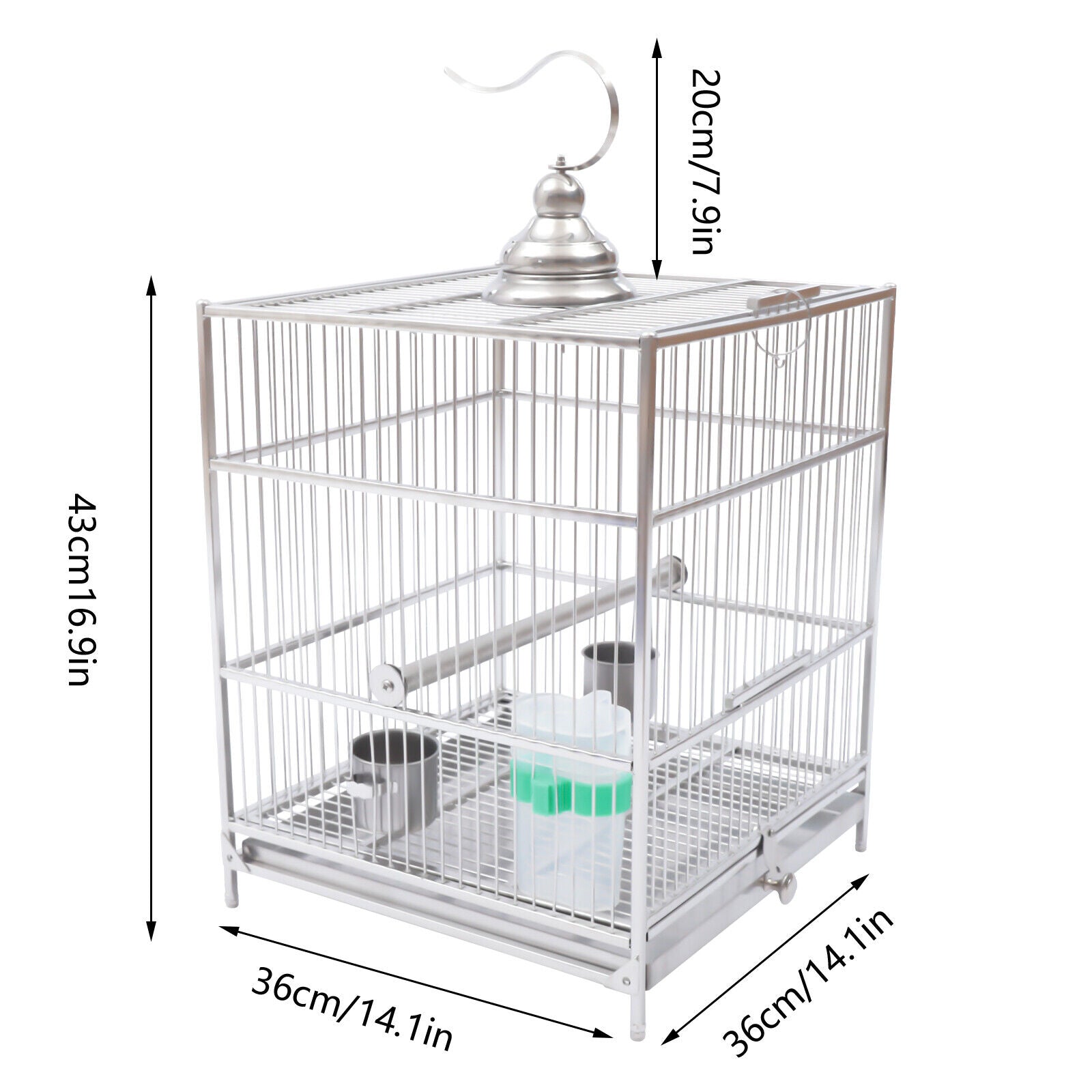 Large Bird Flight Cage Quadrate Pet Bird House For Conure Parekettes w/Food Bowl Stainless Steel Cockatiel Cages Drawer Type Square Bird Cages Set w/2 Food Bowls