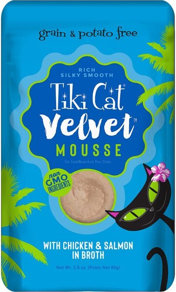 Tiki Cat Velvet Mousse Chicken and Salmon Grain-Free Wet Cat Food， 2.8-oz pouch， case of 12