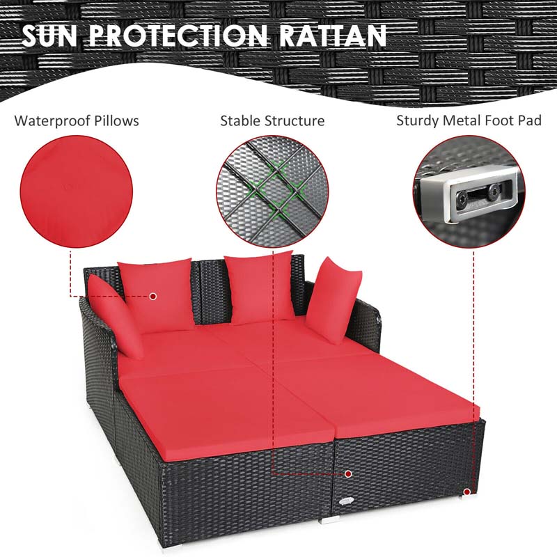 Rattan Wicker Outdoor Daybed Patio Furniture Cushioned Sofa Set with Thick Pillows