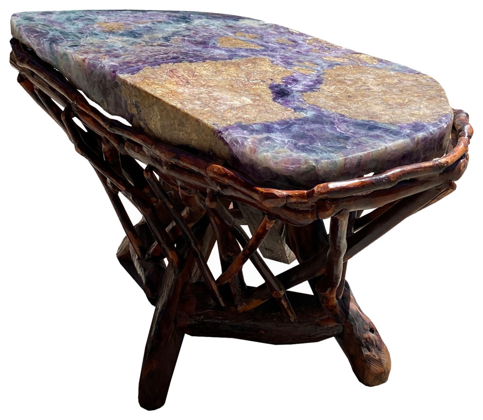 Crystal Jade Stone Top Bamboo Wood Stick Base Accent Stool Stand Table Hcs6164   Asian   Side Tables And End Tables   by Golden Lotus Antiques  Houzz