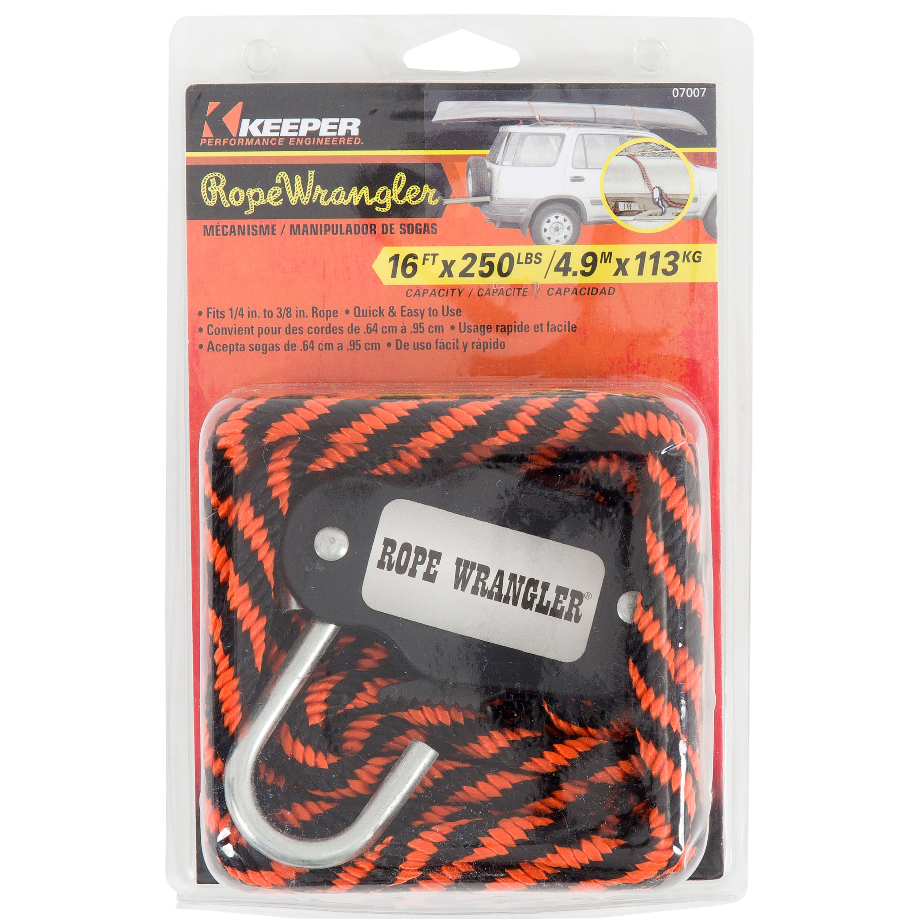 Rope Wrangler 07007 Tie Down, 250 lb 16 ft L x 3/8 in W