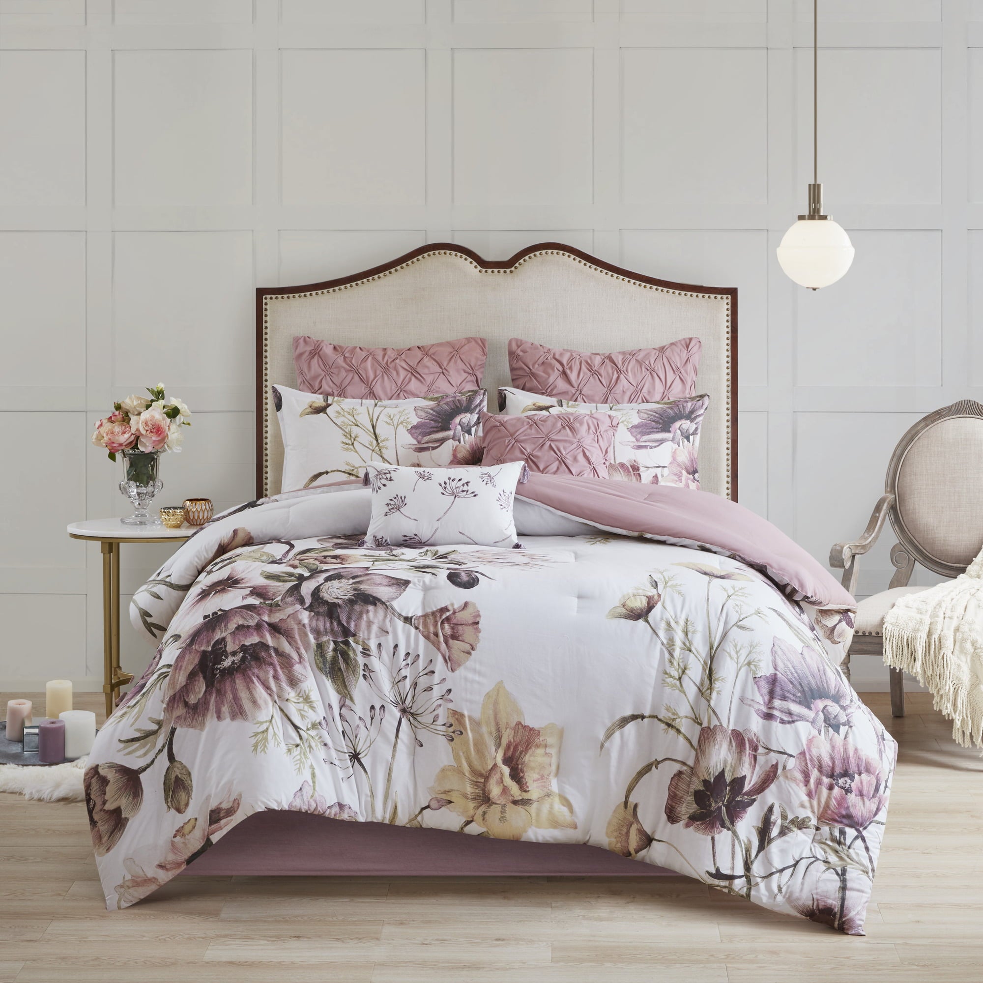 Home Essence Maddy 8 Piece Blush Cotton Floral Comforter Set， Queen