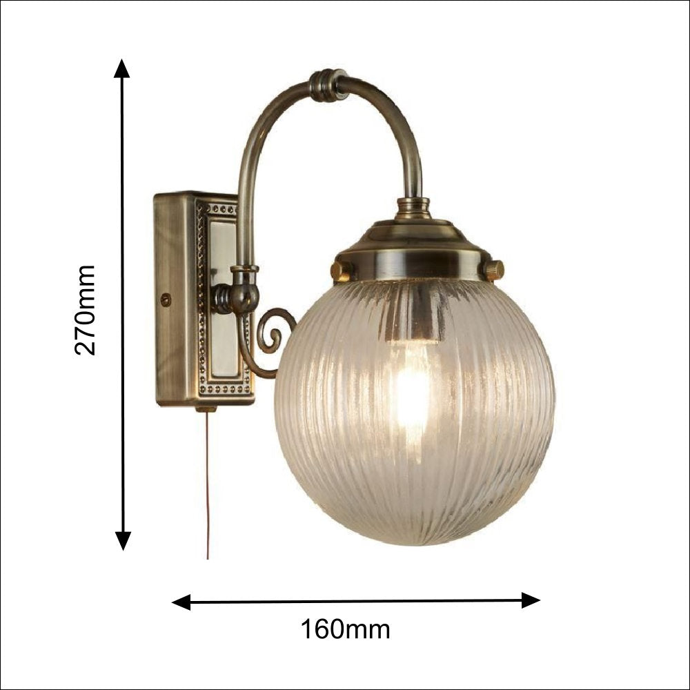 Britalia BRT330040 Antique Brass Bathroom Vintage Wall Light with Rib Globe Glass