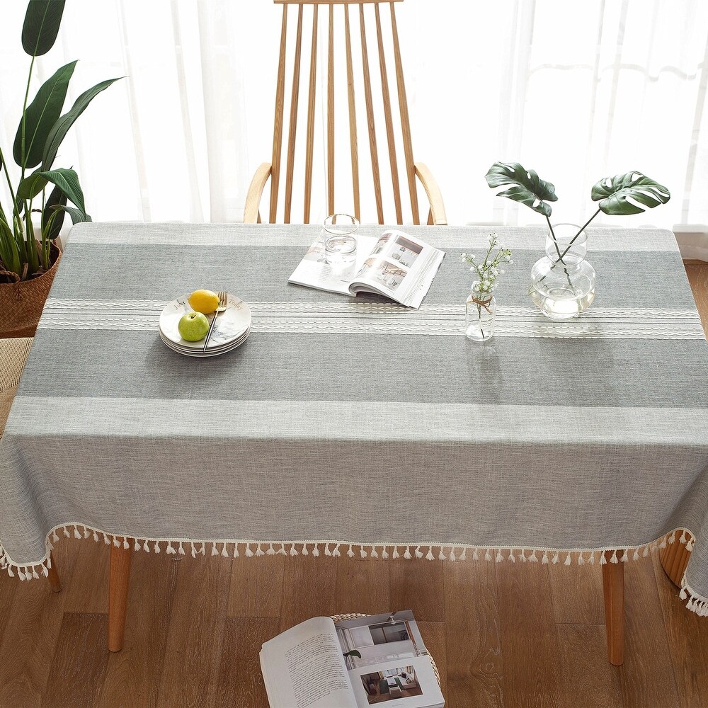 Enova Home Light Grey High Quality Rectangle Cotton and Linen Tablecloth with Tassels