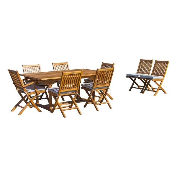 Seven Seas Teak 9 Piece Teak Wood Santa Monica Patio Dining Set，Rectangular Extension Table，8 Folding Arm and Side Chairs